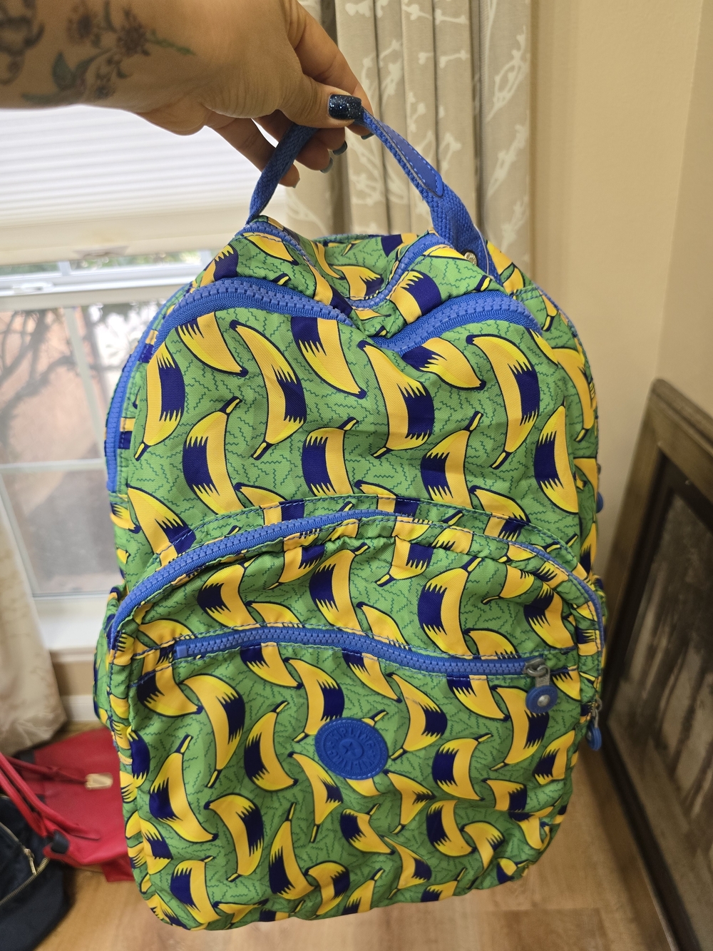Kipling Green Yellow Blue Banana Print Backpack